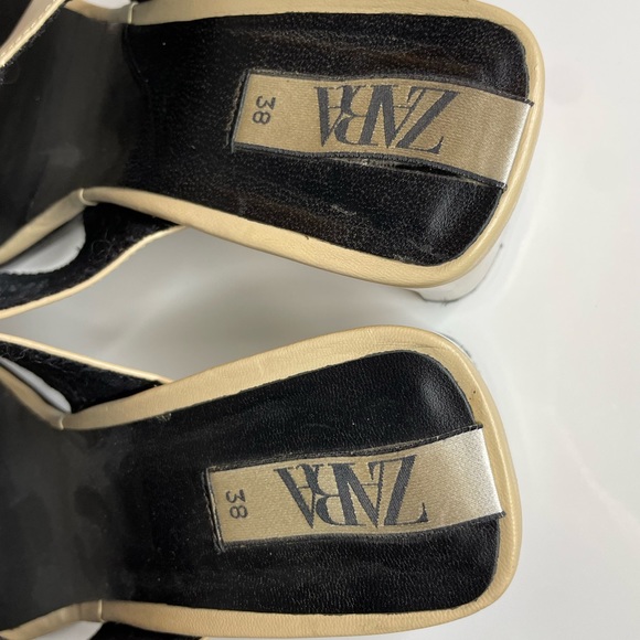 Zara Women Heeled Leather Square Toe Thong Sandals Beige/Nude Size 7 US 38 Euro - Picture 3 of 14